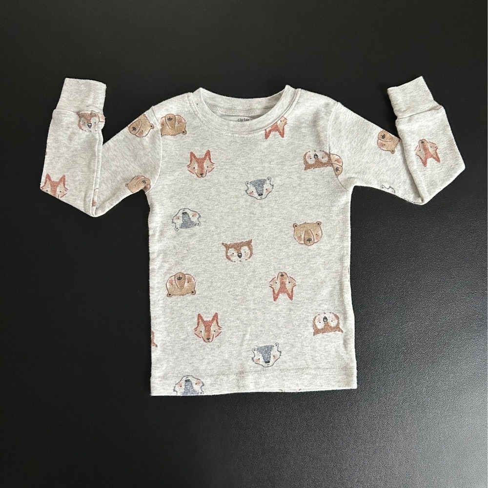 Carters Toddler 2T Gray Woodland Animal Fox Bear Owl Long Sleeve Pajama Top 1484